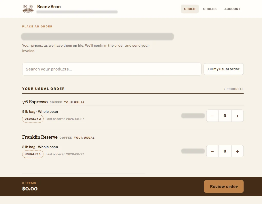 Bean2Bean client portal with 'Fill my usual order' (prices redacted)